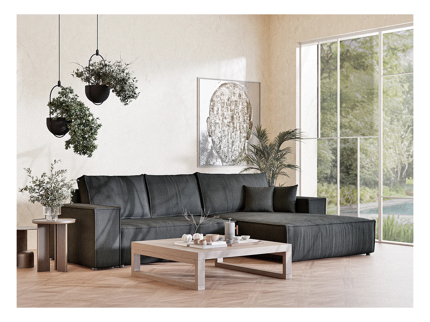 Canapé d'angle convertible Maze im tissu tresse - 5 places - anthracite