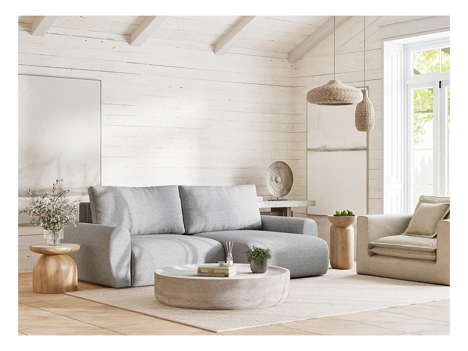 Ecksofa mit Schlaffunktion Numba aus Webstoff - Drei-Personen - hellgrau