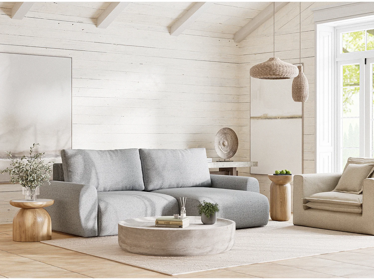 Ecksofa mit Schlaffunktion Numba aus Webstoff - Drei-Personen - hellgrau