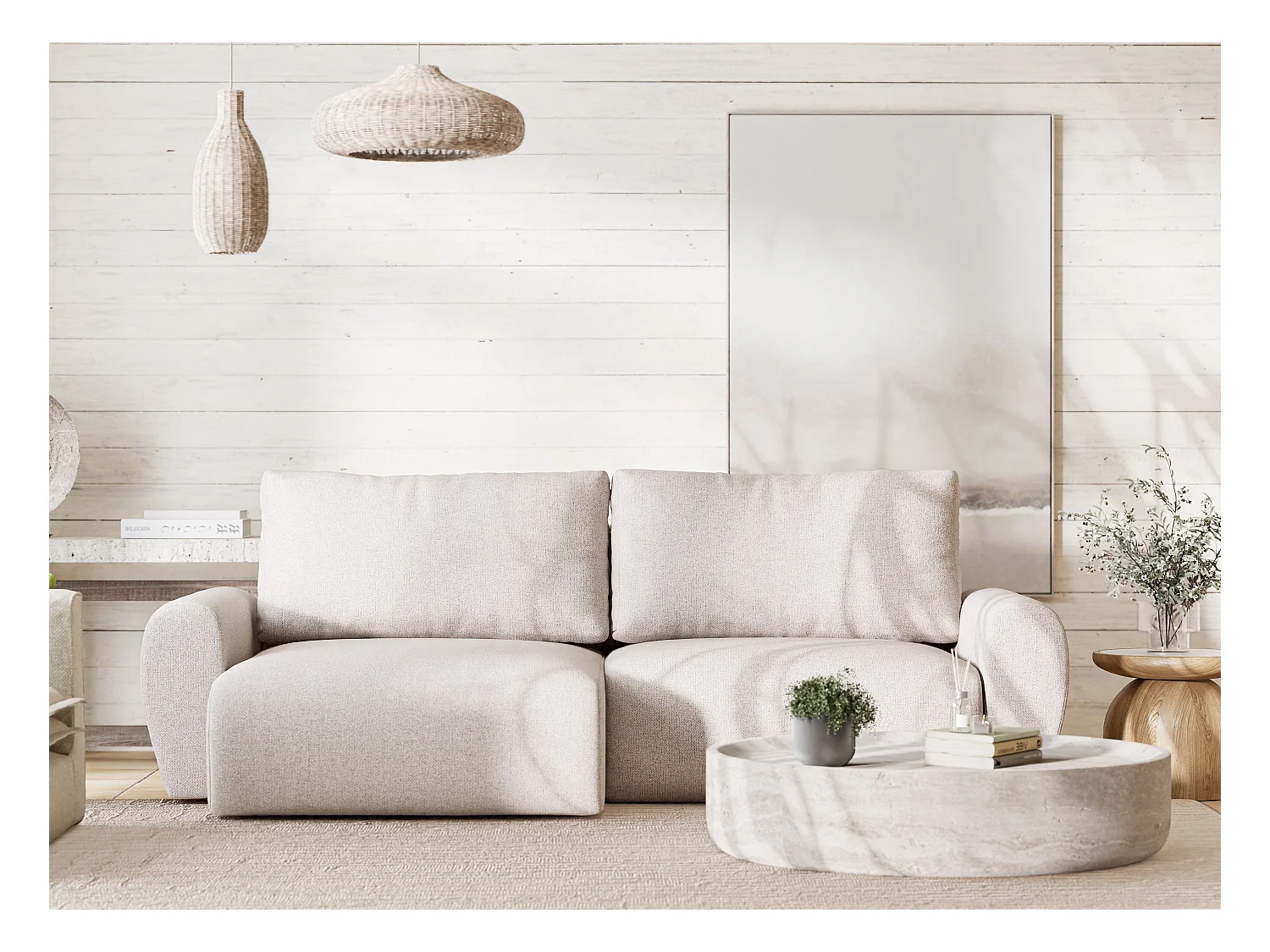 Ecksofa mit Schlaffunktion Numba aus Webstoff - Drei-Personen - hellbeige