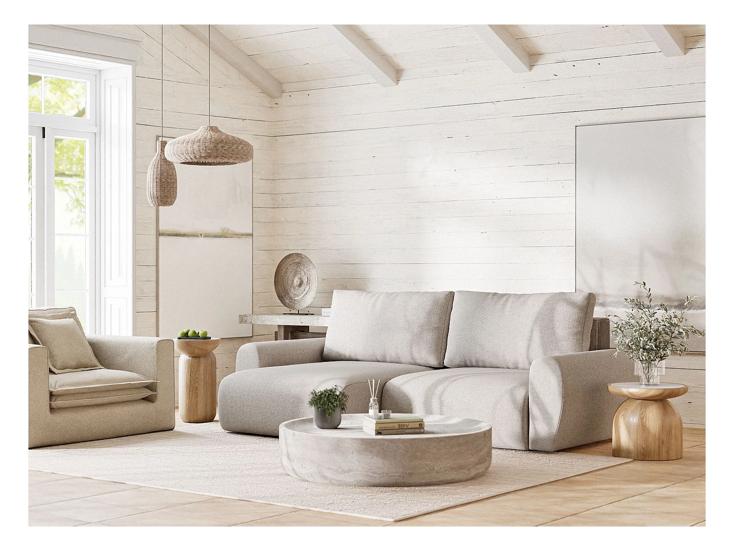 Ecksofa mit Schlaffunktion Numba aus Webstoff - Drei-Personen - hellbeige