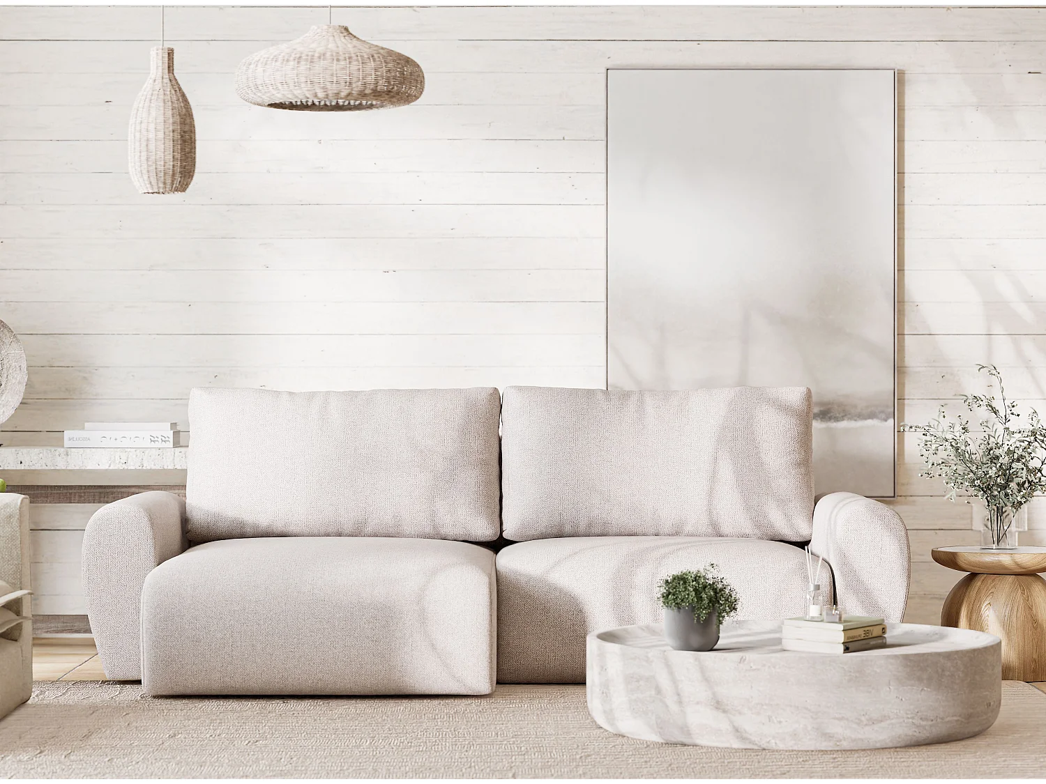 Ecksofa mit Schlaffunktion Numba aus Webstoff - Drei-Personen - hellbeige