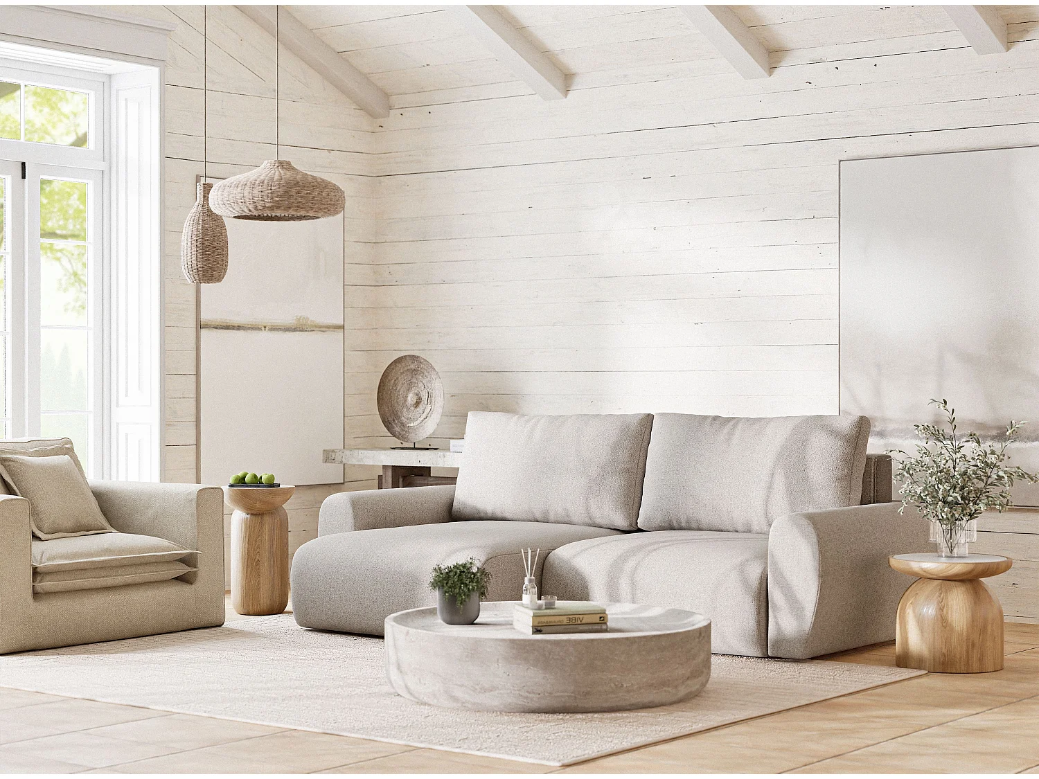 Ecksofa mit Schlaffunktion Numba aus Webstoff - Drei-Personen - hellbeige