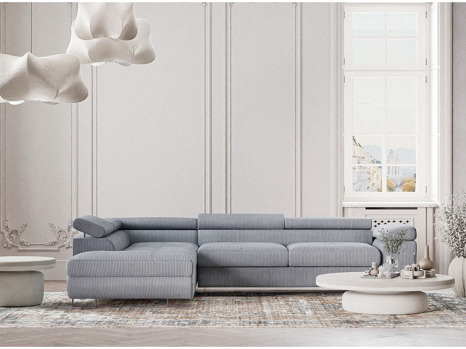 Canapé d'angle convertible Concord im tissu de velours - 5 places - gris clair