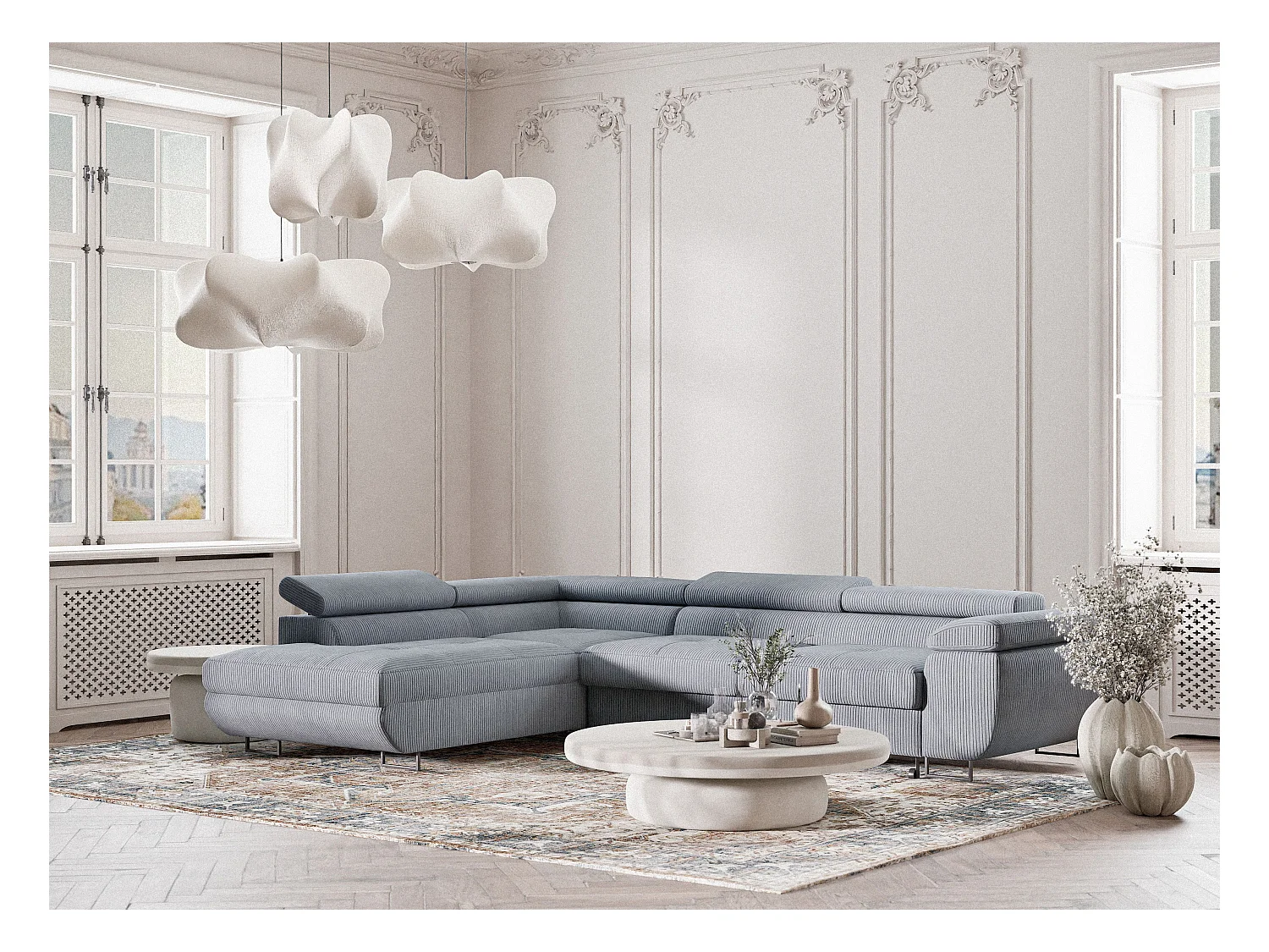 Canapé d'angle convertible Concord im tissu de velours - 5 places - gris clair