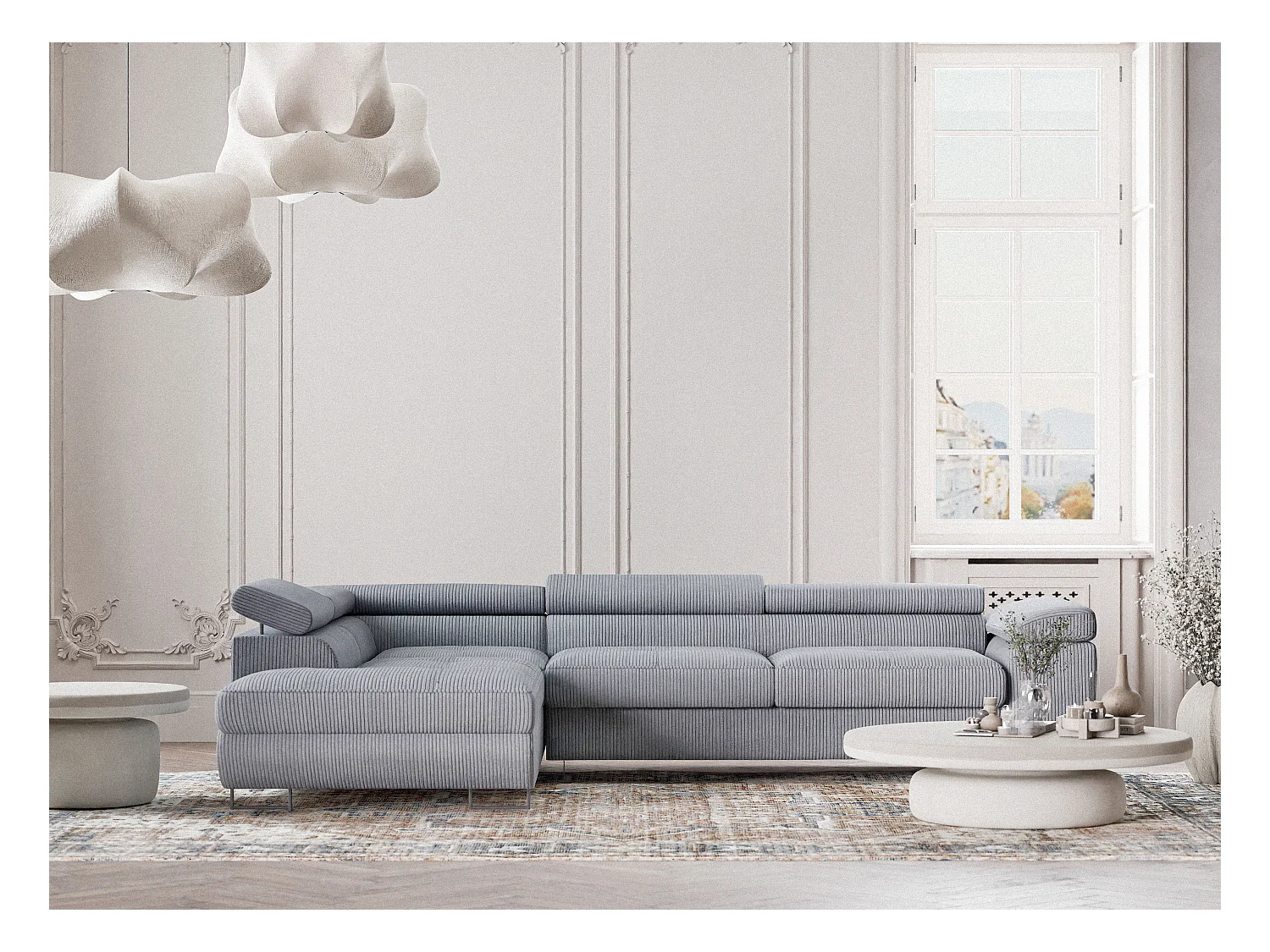 Canapé d'angle convertible Concord im tissu de velours - 5 places - gris clair