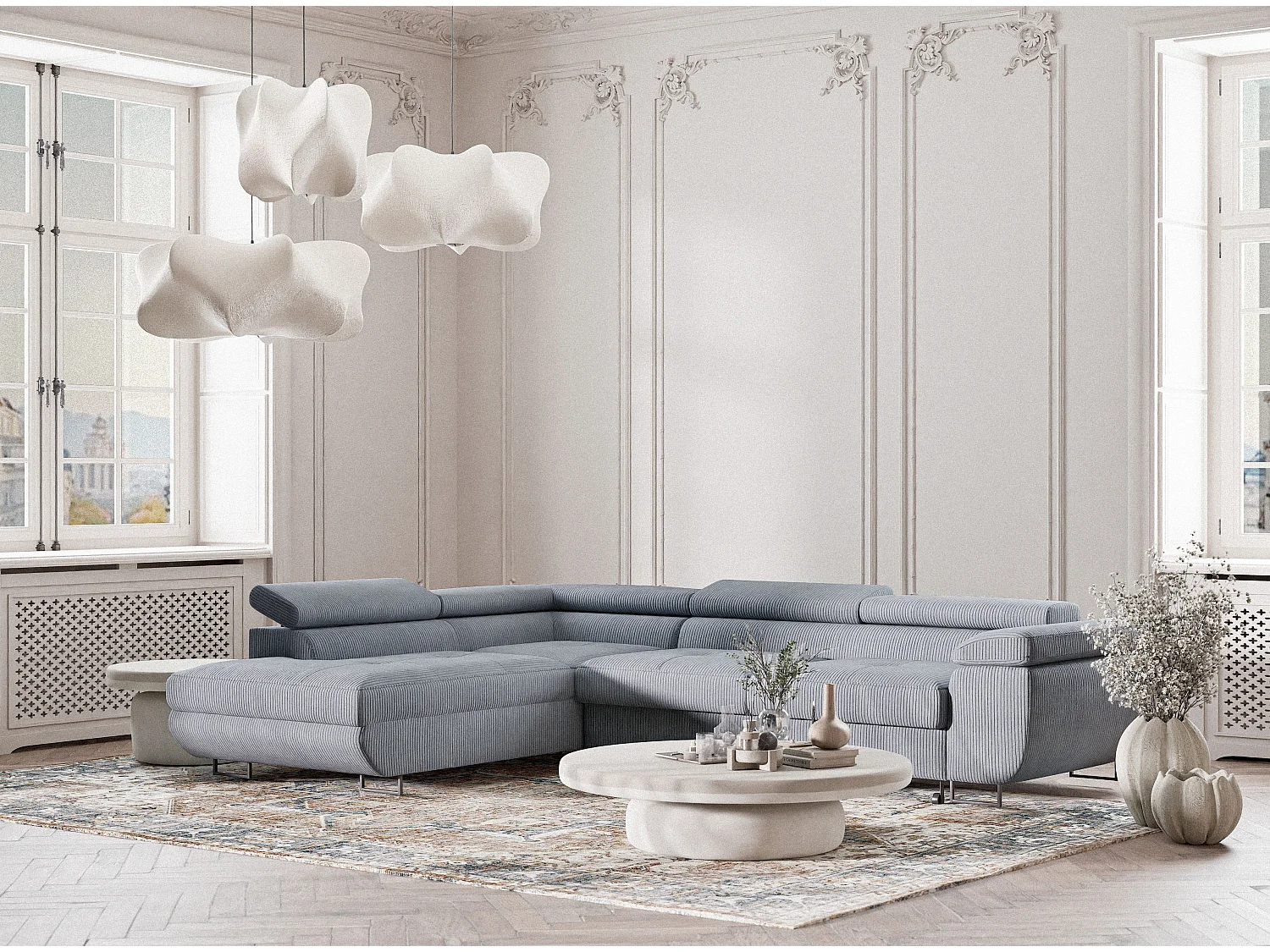 Canapé d'angle convertible Concord im tissu de velours - 5 places - gris clair