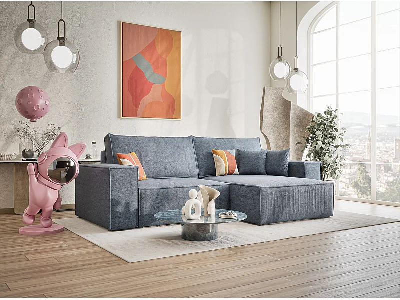 Canapé d'angle convertible Zaya im tissu tresse - 3 places - bleu gris