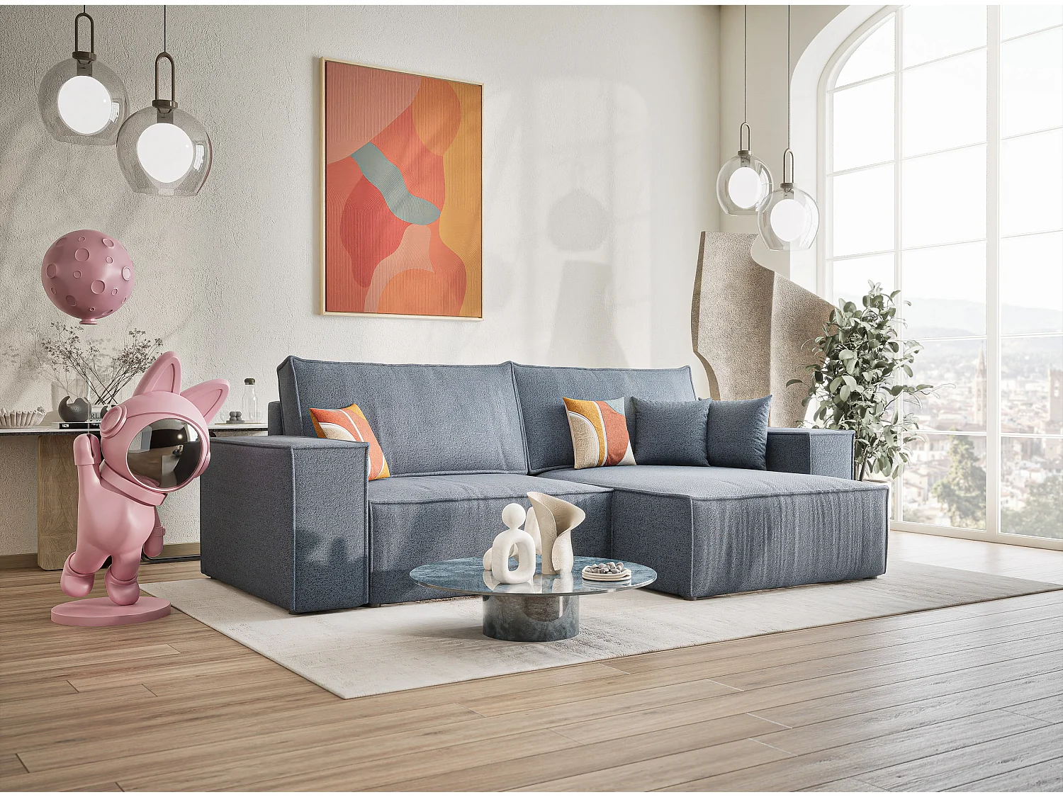 Canapé d'angle convertible Zaya im tissu tresse - 3 places - bleu gris