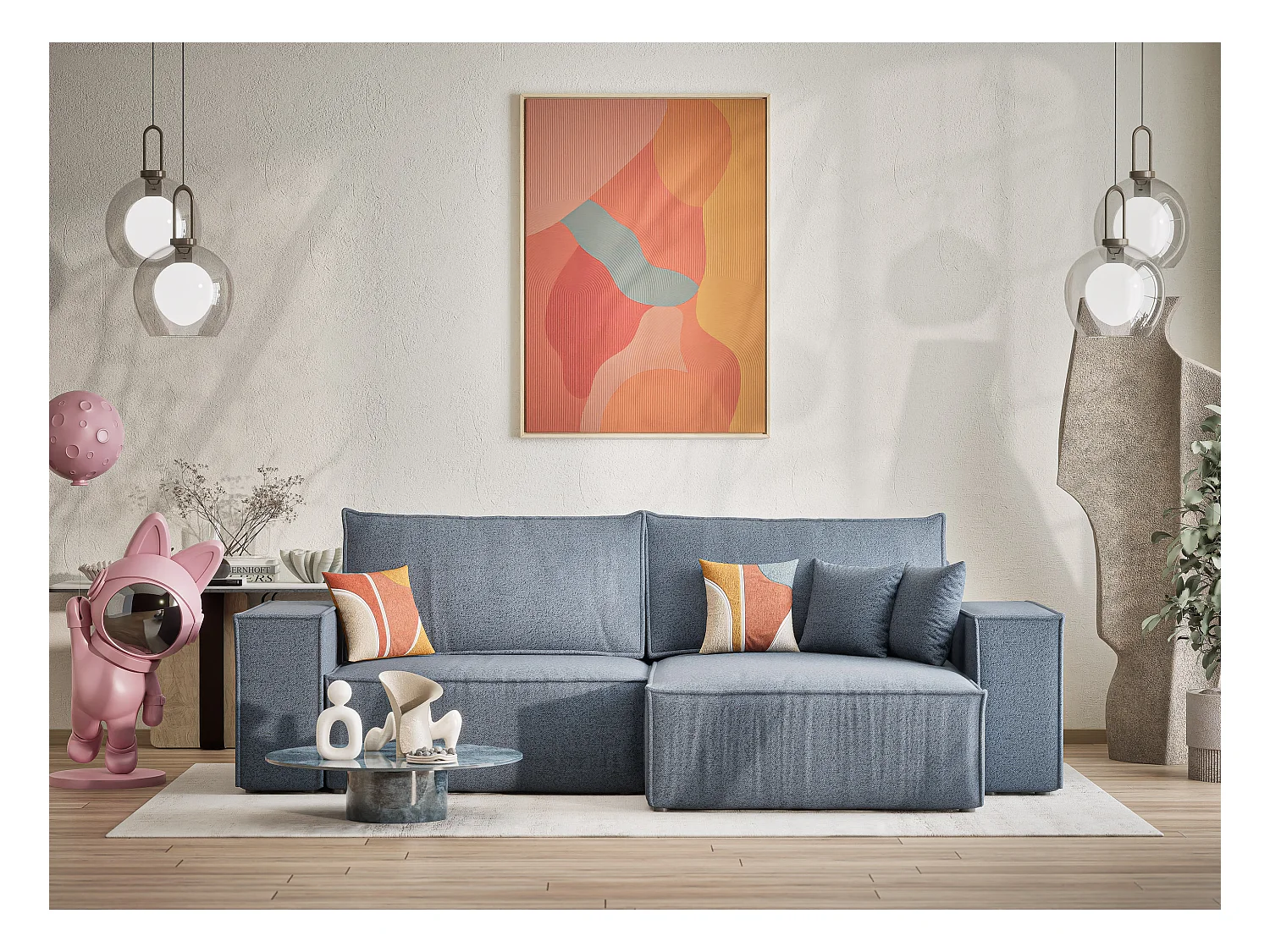 Canapé d'angle convertible Zaya im tissu tresse - 3 places - bleu gris