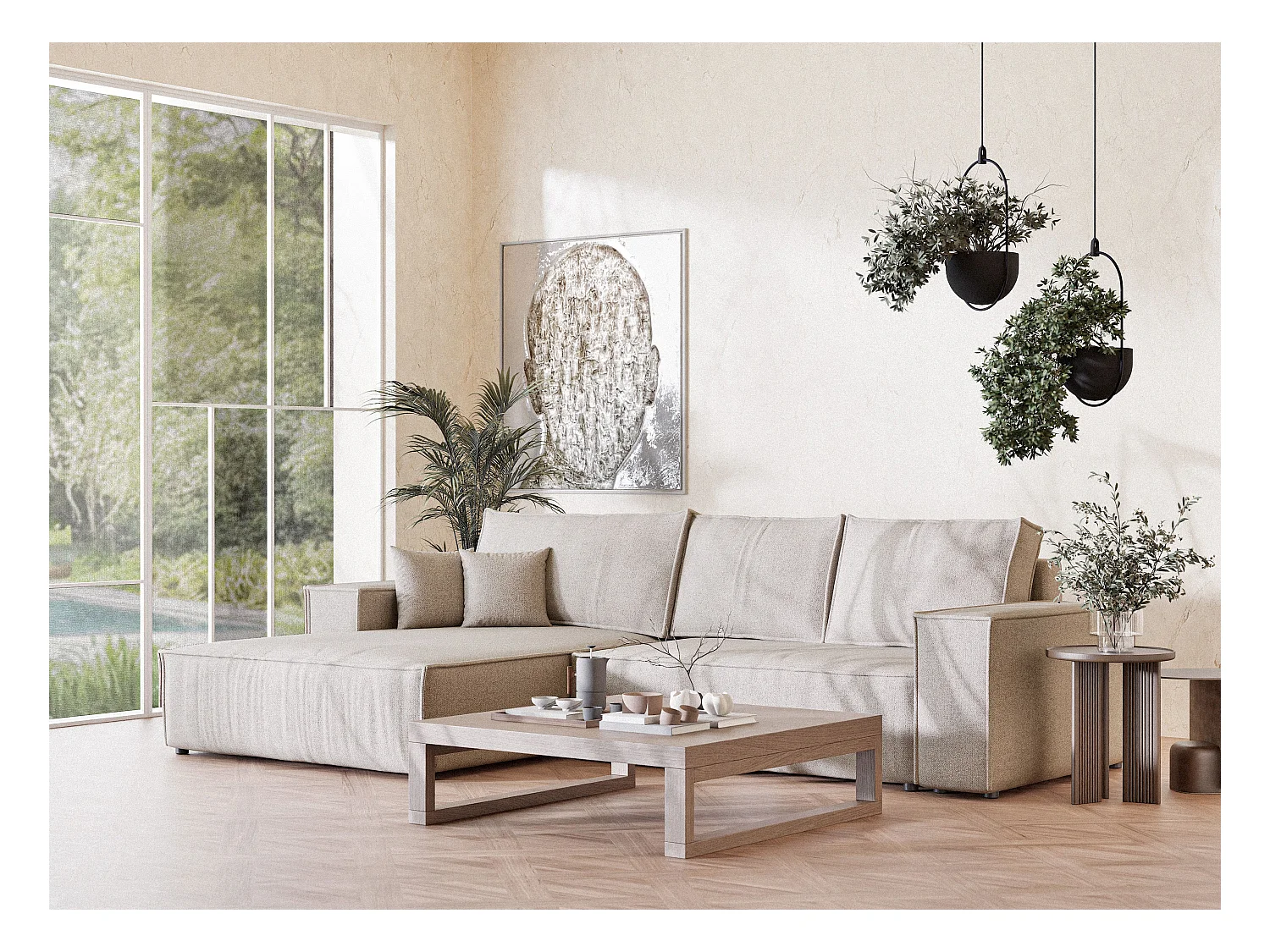 Canapé d'angle convertible Maze im tissu tresse - 5 places - beige clair