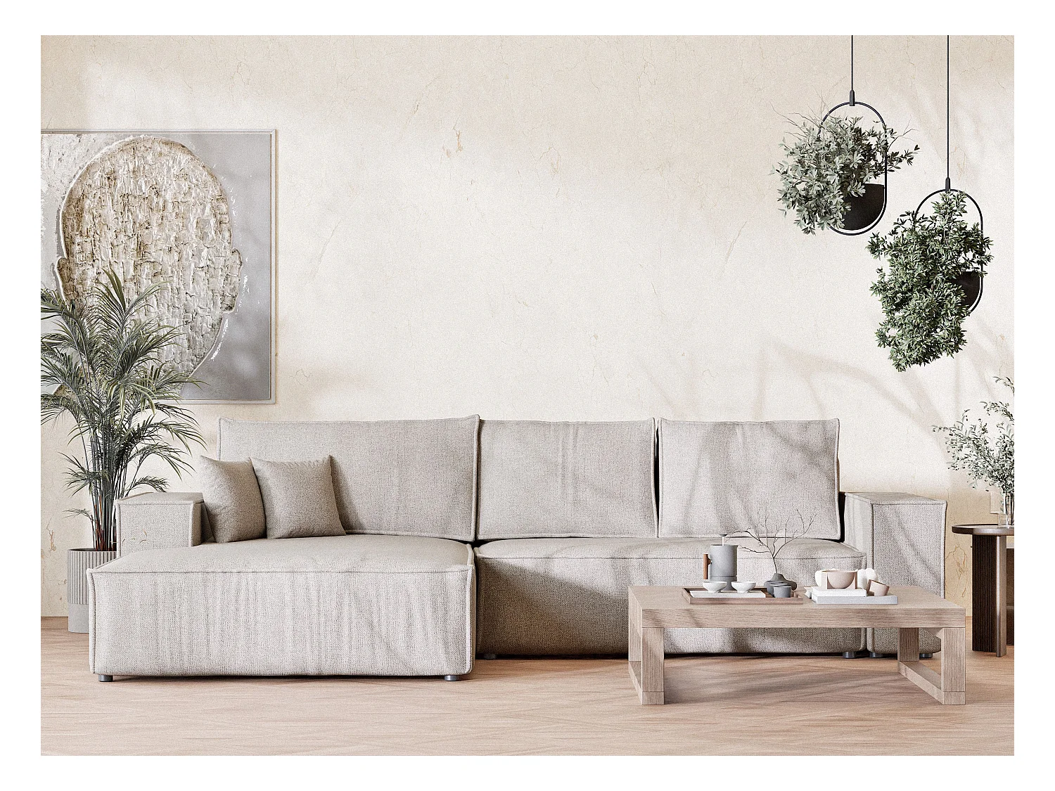 Canapé d'angle convertible Maze im tissu tresse - 5 places - beige clair