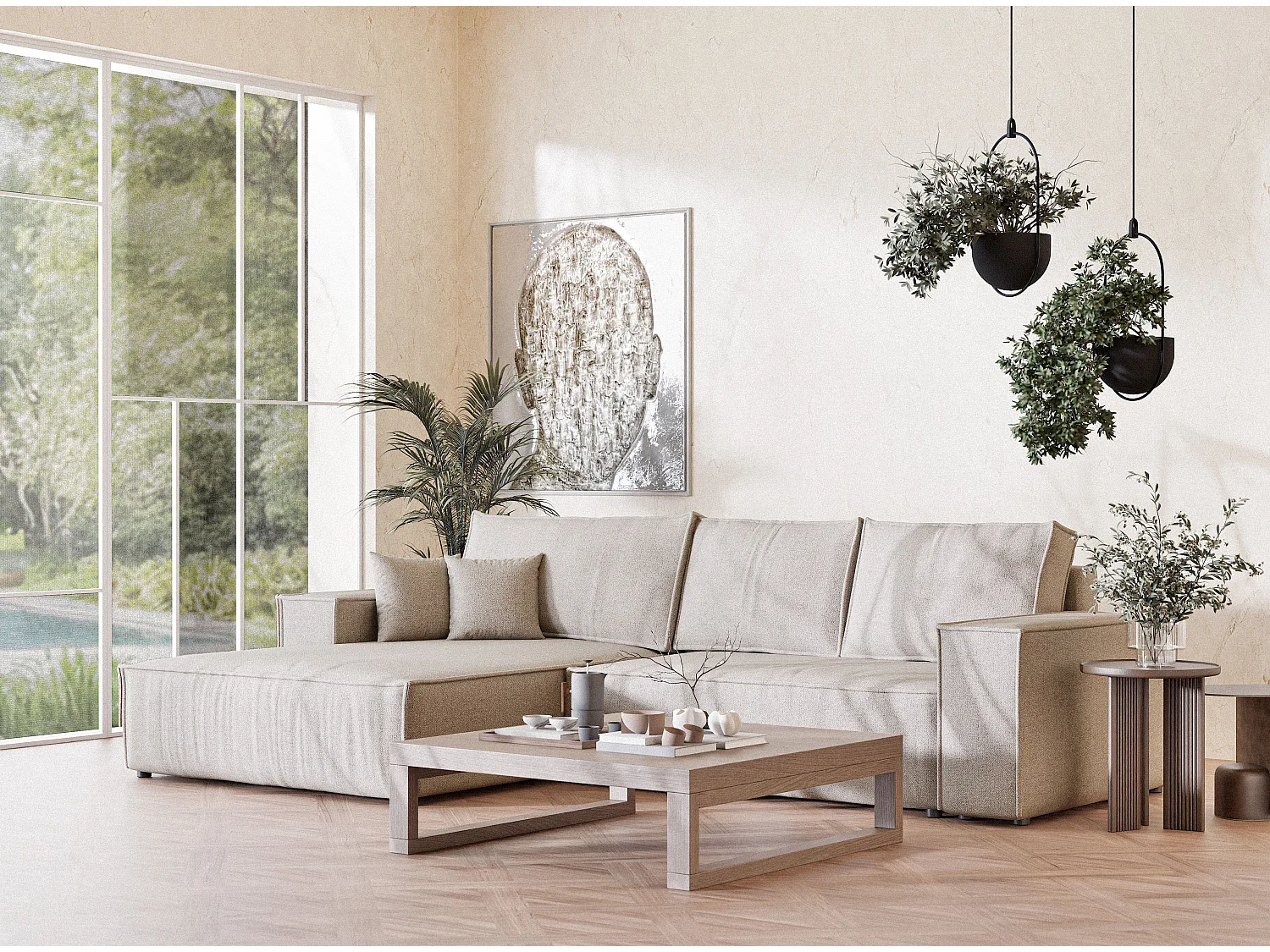 Canapé d'angle convertible Maze im tissu tresse - 5 places - beige clair