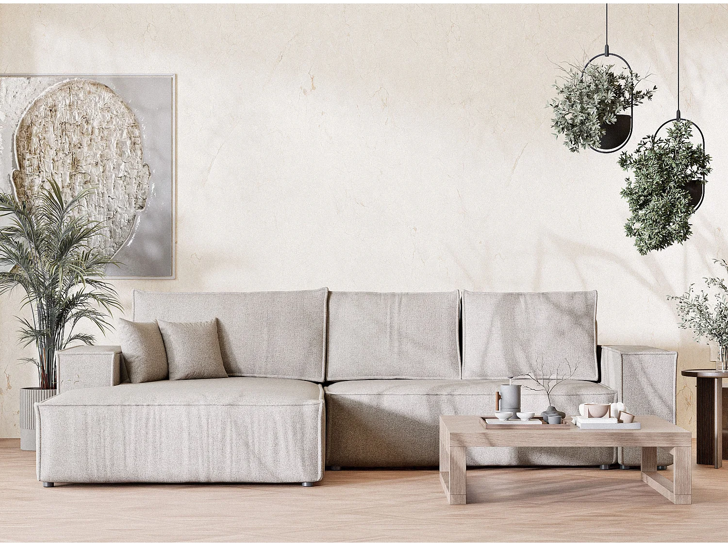 Canapé d'angle convertible Maze im tissu tresse - 5 places - beige clair