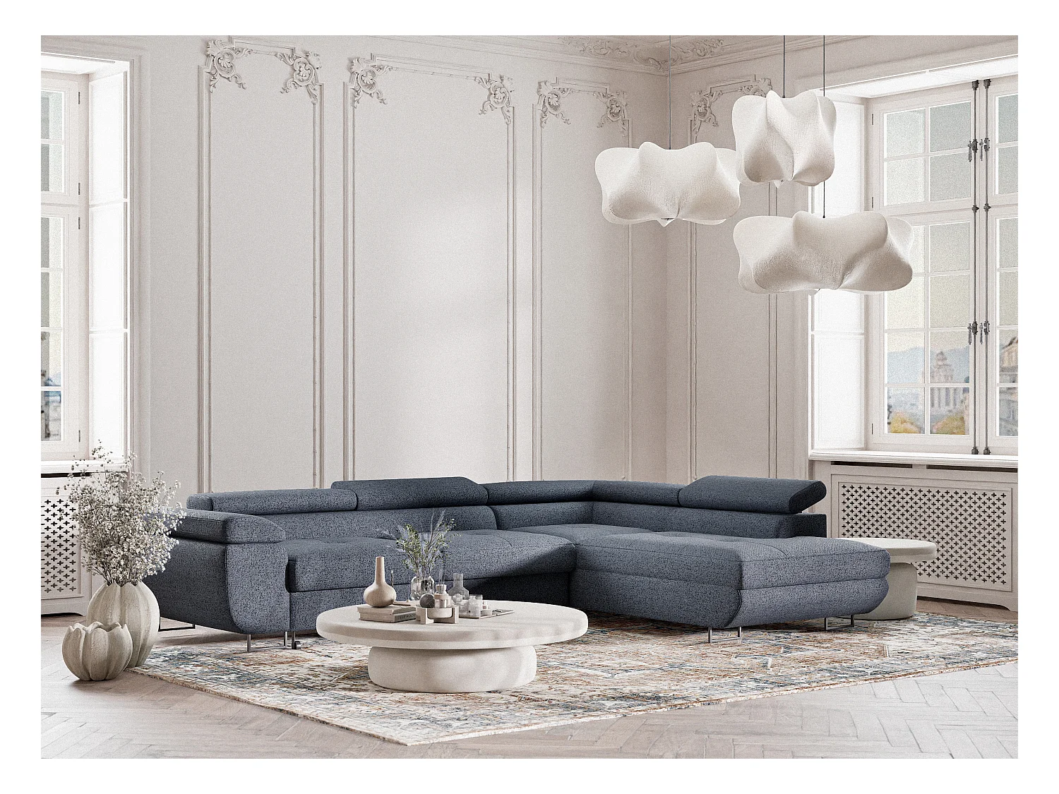 Canapé d'angle convertible Concord im tissu tresse - 5 places - bleu gris