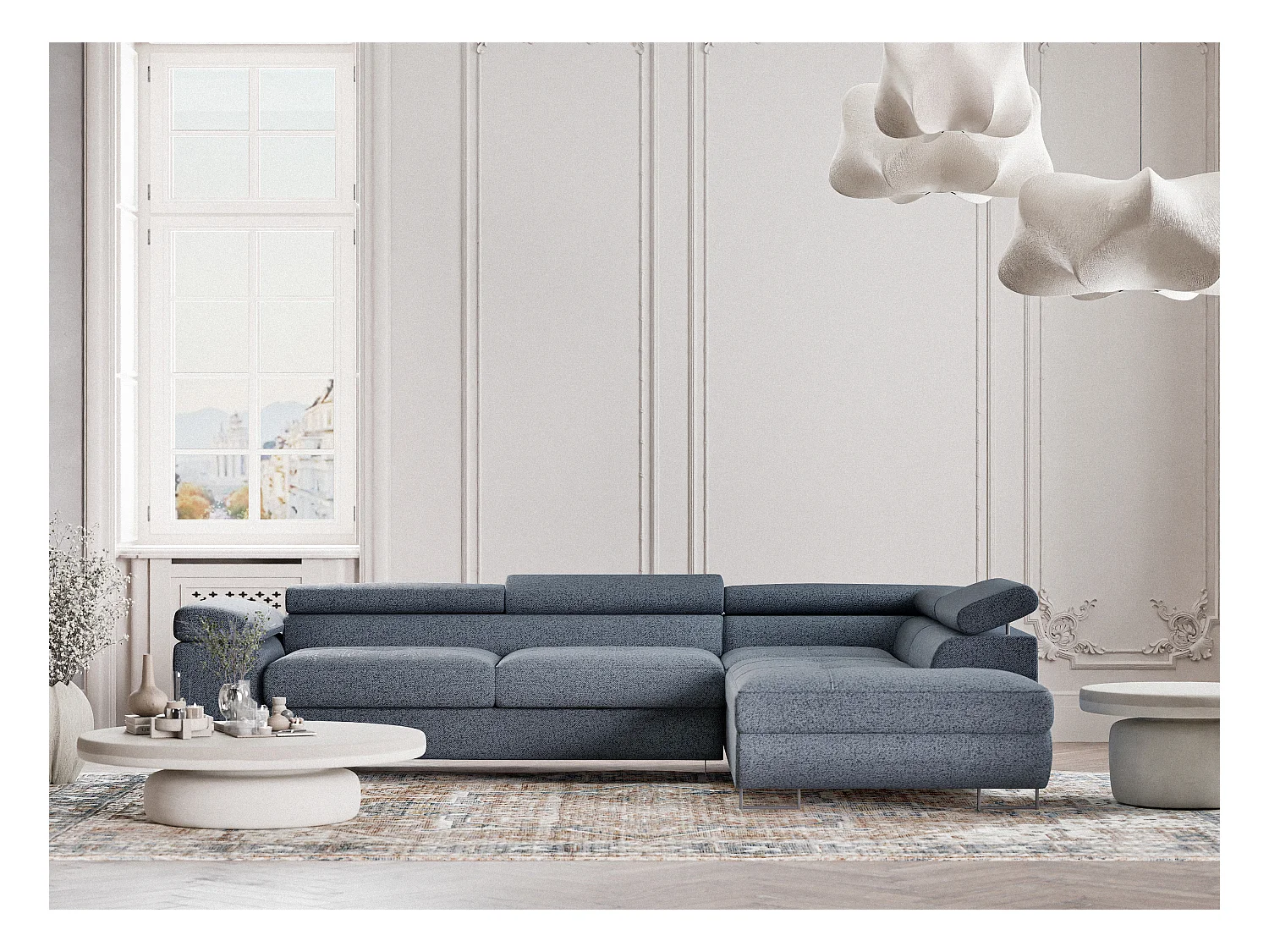 Canapé d'angle convertible Concord im tissu tresse - 5 places - bleu gris