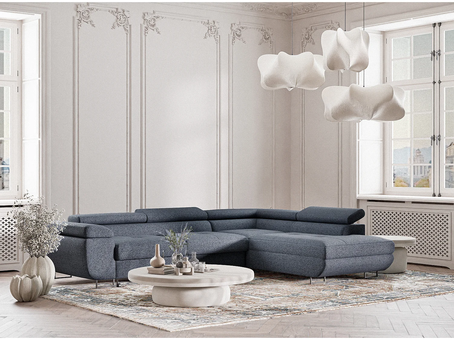 Canapé d'angle convertible Concord im tissu tresse - 5 places - bleu gris