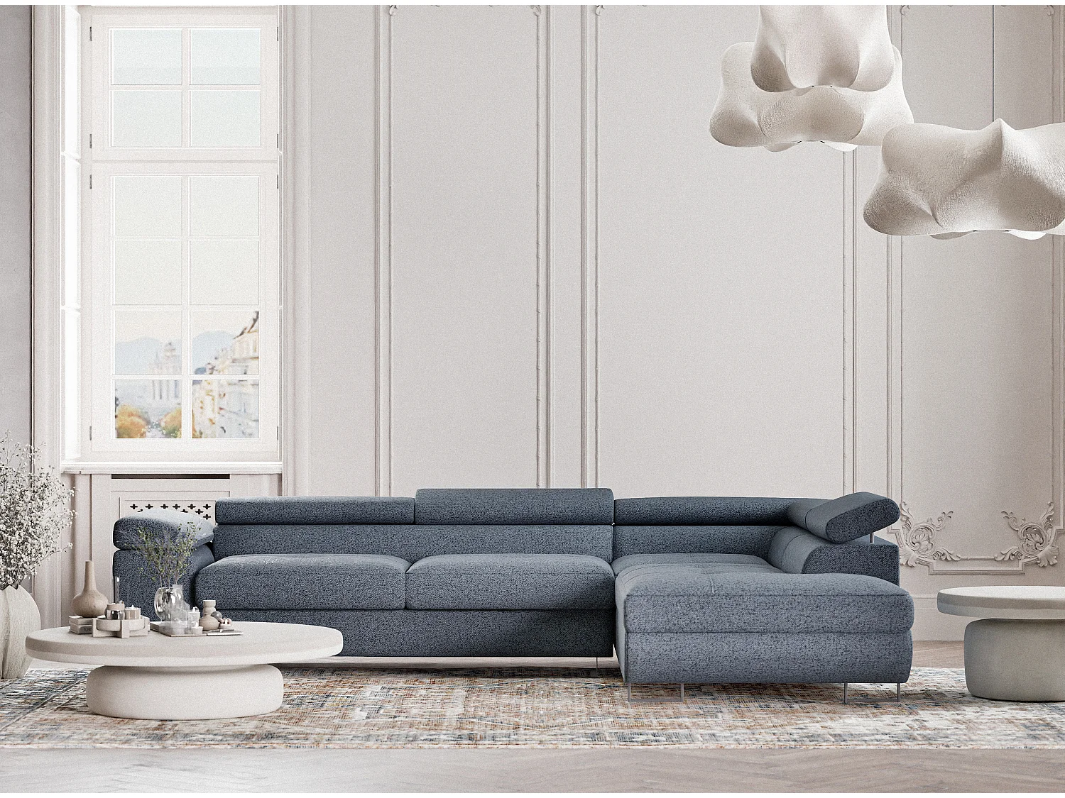 Canapé d'angle convertible Concord im tissu tresse - 5 places - bleu gris