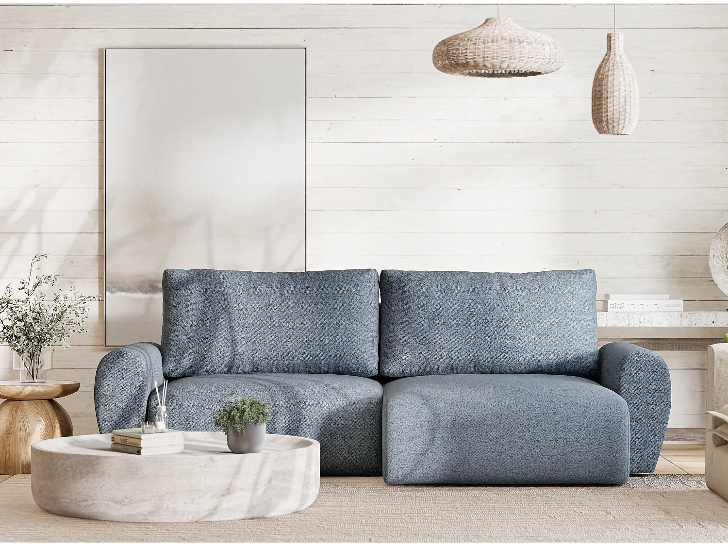 Canapé d'angle convertible Numba im tissu tresse - 3 places - bleu gris