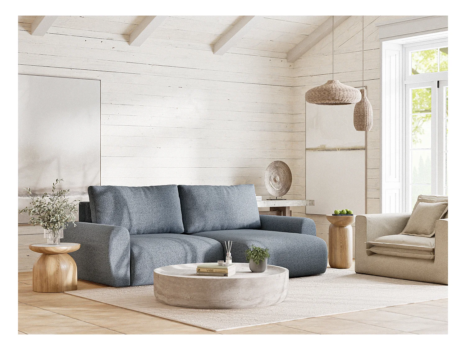 Canapé d'angle convertible Numba im tissu tresse - 3 places - bleu gris