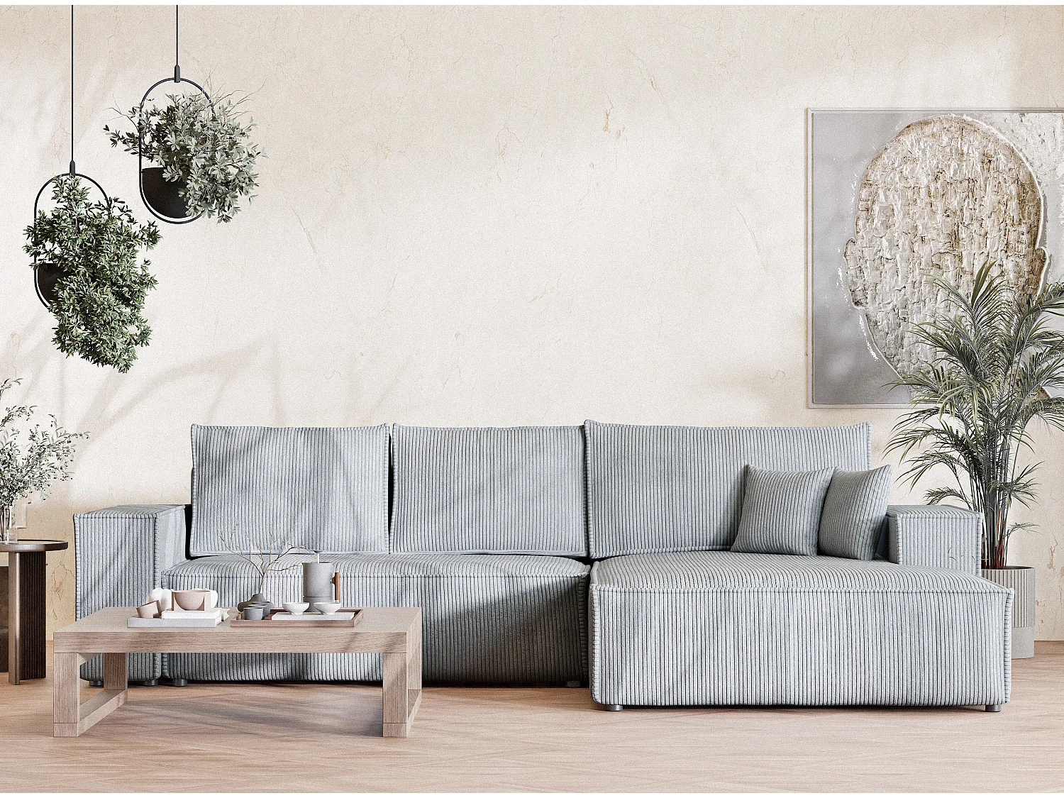 Canapé d'angle convertible Maze im tissu tresse - 5 places - gris clair