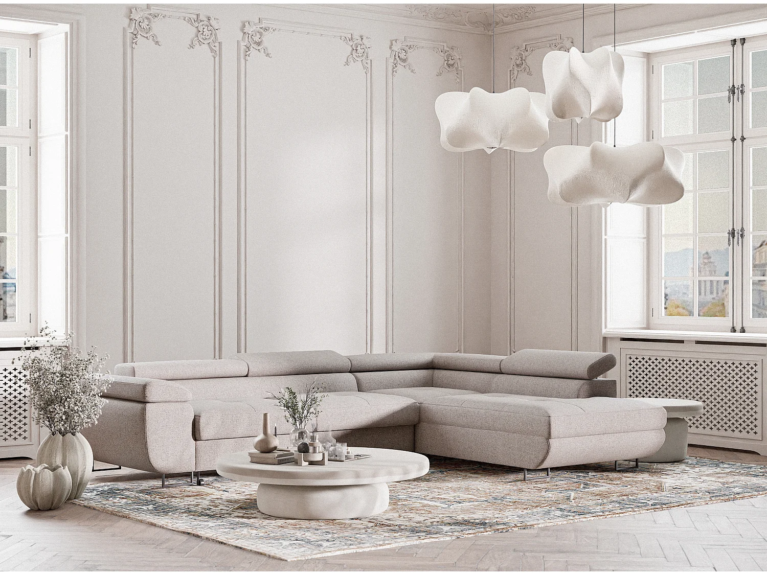 Canapé d'angle convertible Concord im tissu tresse - 5 places - beige clair