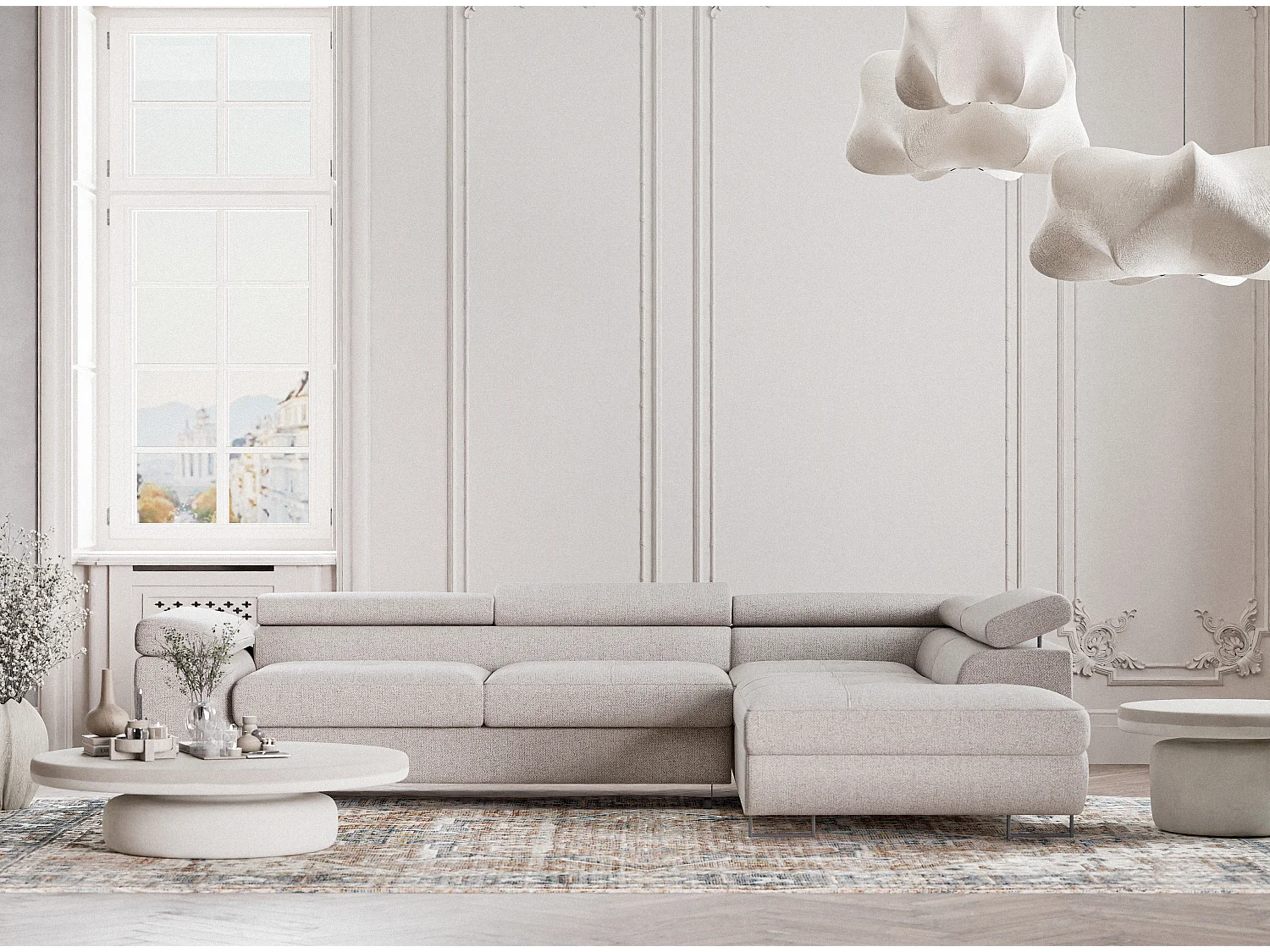 Canapé d'angle convertible Concord im tissu tresse - 5 places - beige clair