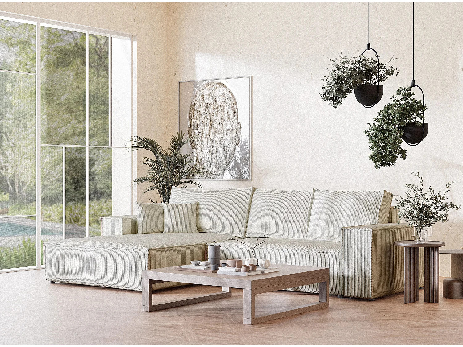 Canapé d'angle convertible Maze im tissu tresse - 5 places - creme