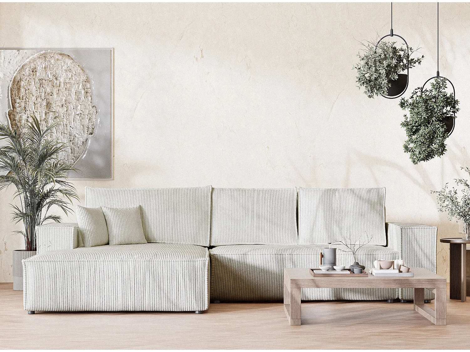 Canapé d'angle convertible Maze im tissu tresse - 5 places - creme