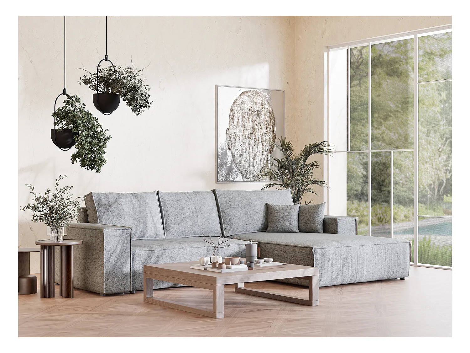 Canapé d'angle convertible Maze im tissu tresse - 5 places - gris clair