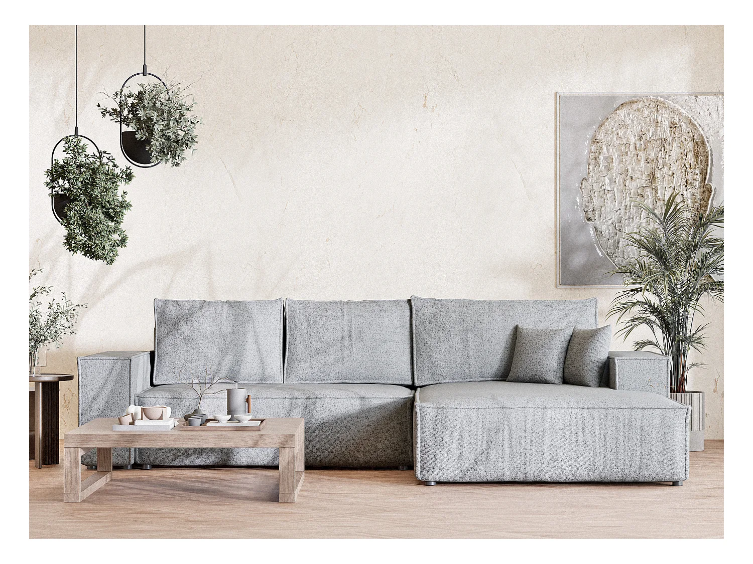 Canapé d'angle convertible Maze im tissu tresse - 5 places - gris clair