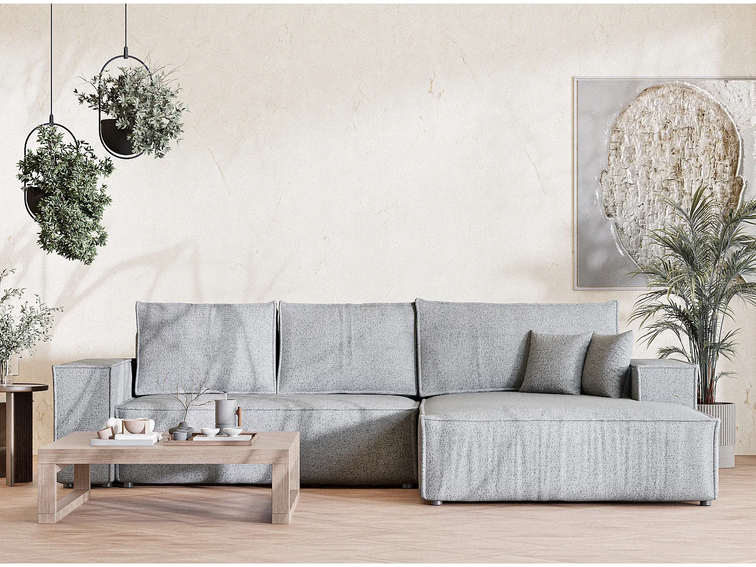 Canapé d'angle convertible Maze im tissu tresse - 5 places - gris clair