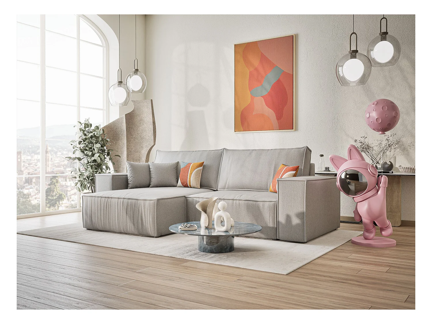 Ecksofa mit Schlaffunktion Zaya aus Webstoff - Drei-Personen - hellgrau