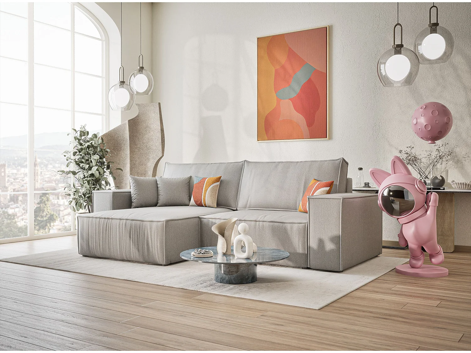 Ecksofa mit Schlaffunktion Zaya aus Webstoff - Drei-Personen - hellgrau