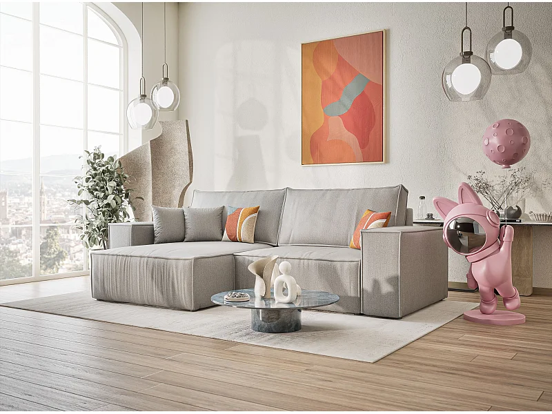 Hoekbank met slaapfunctie Zaya in geweven stof - Driepersoons - lichtgrijs