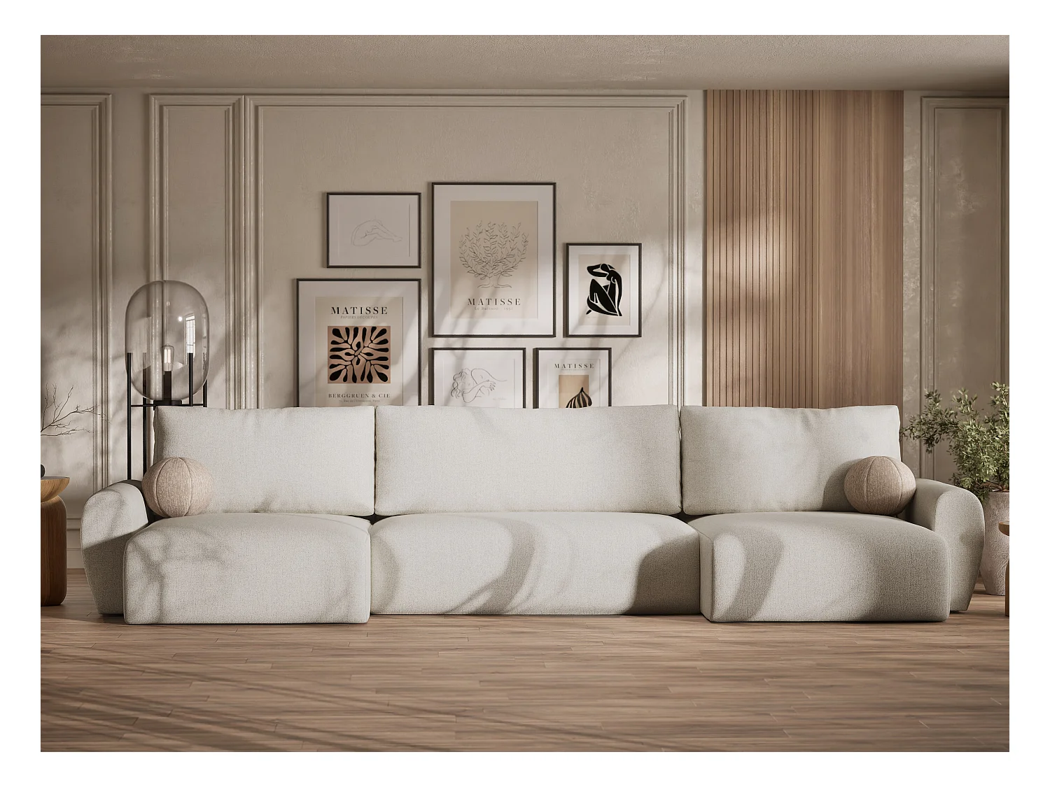 Canapé panoramique convertible Numba im tissu tresse - 6 places - creme