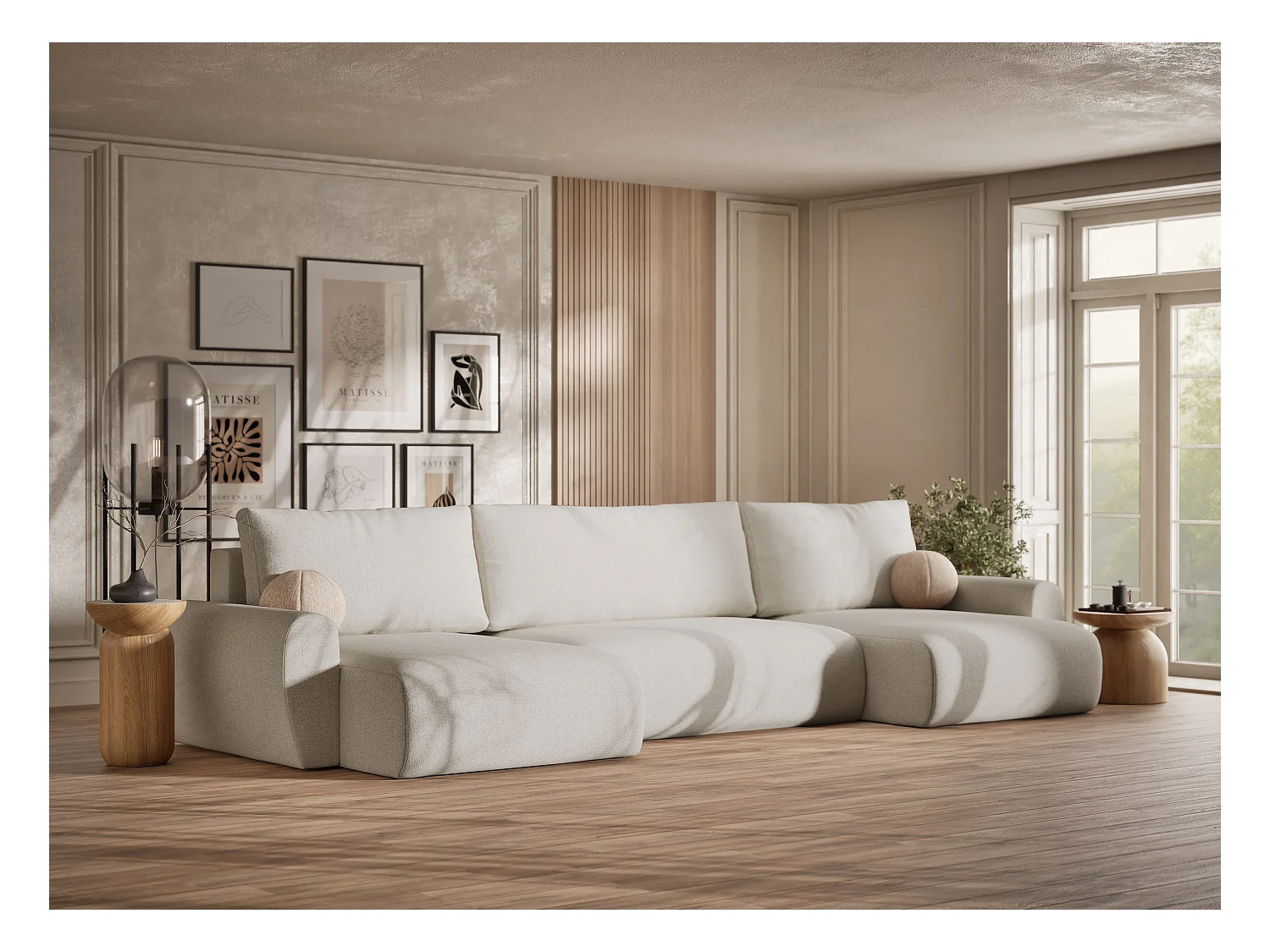 Sofa panoramiczna z funkcją spania Numba w tkaninie plecionej - sześcioosobowa - kremowy
