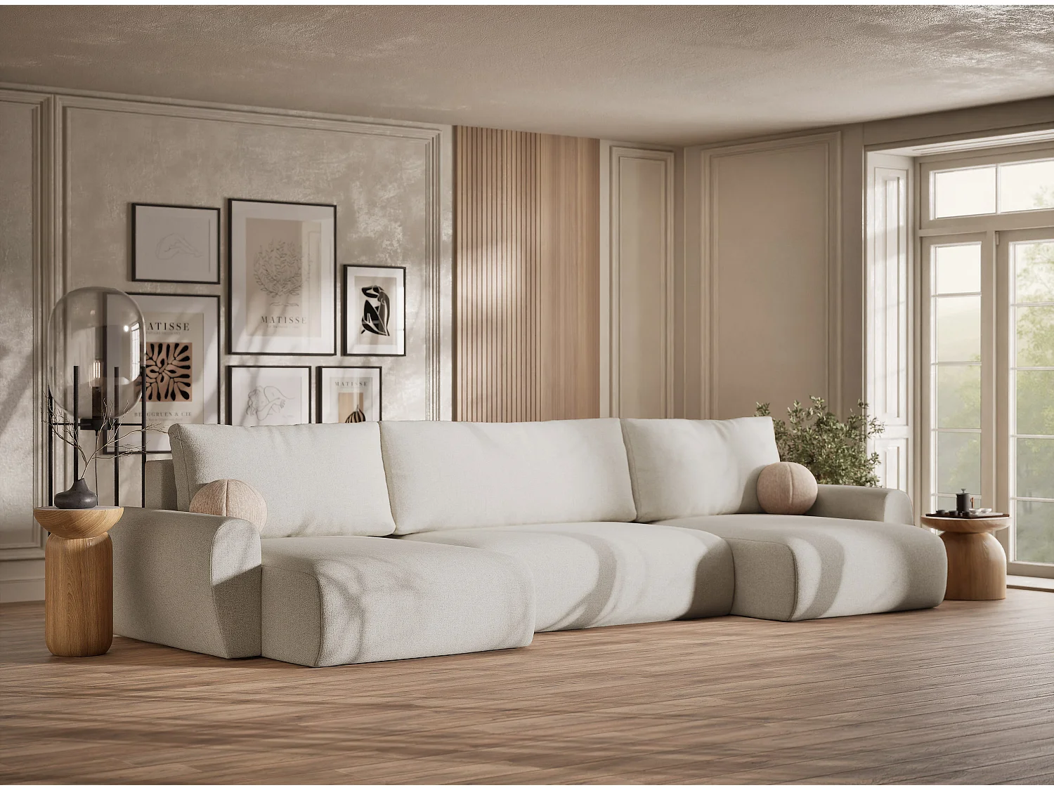 Canapé panoramique convertible Numba im tissu tresse - 6 places - creme