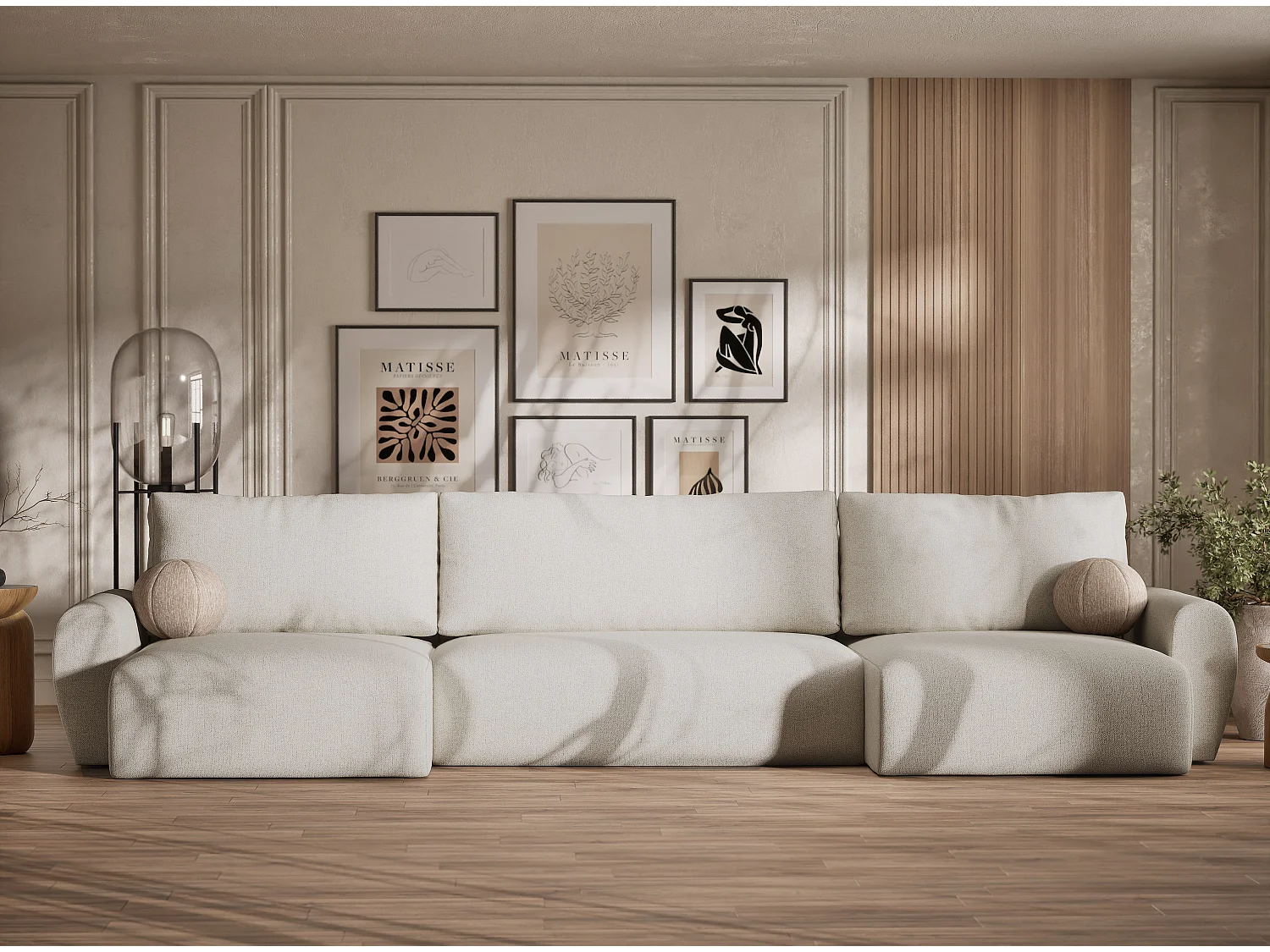 Canapé panoramique convertible Numba im tissu tresse - 6 places - creme