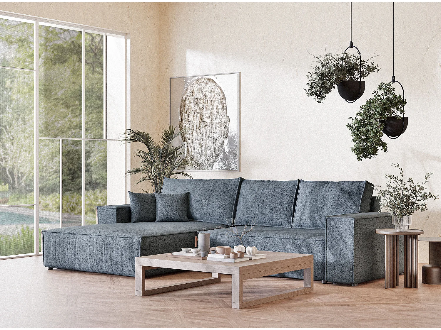 Canapé d'angle convertible Maze im tissu tresse - 5 places - bleu gris