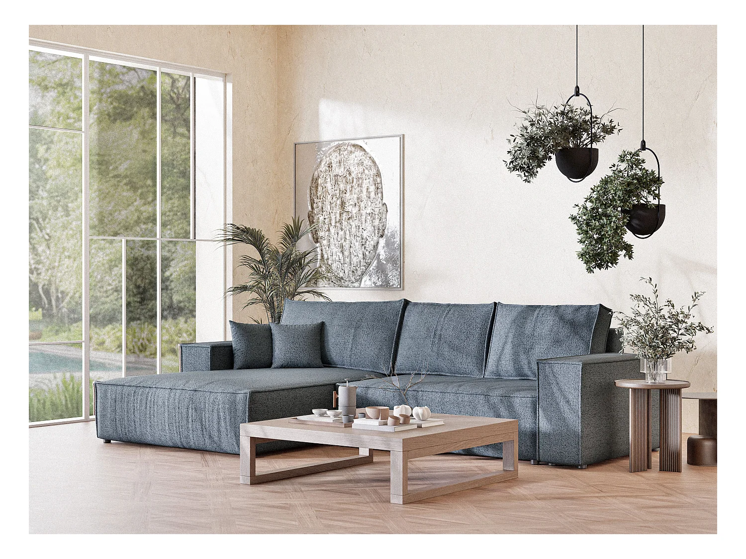 Canapé d'angle convertible Maze im tissu tresse - 5 places - bleu gris