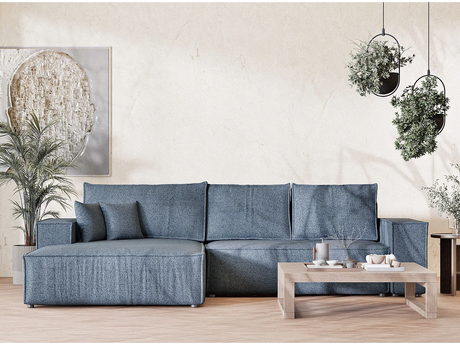 Canapé d'angle convertible Maze im tissu tresse - 5 places - bleu gris