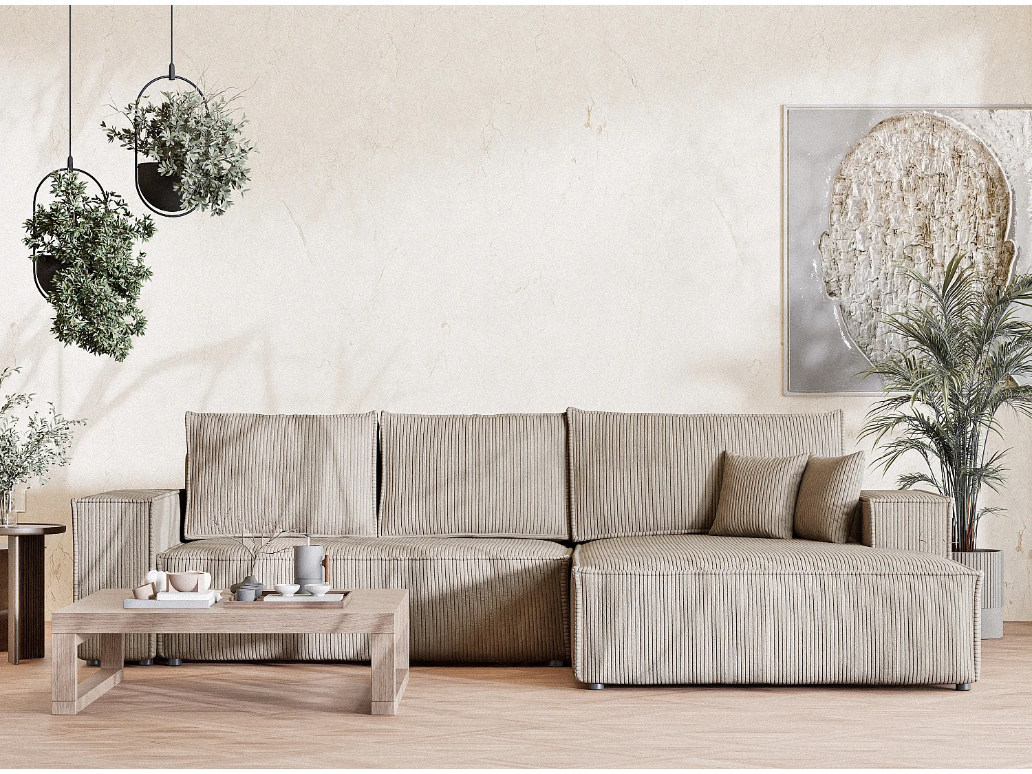 Canapé d'angle convertible Maze im tissu tresse - 5 places - beige