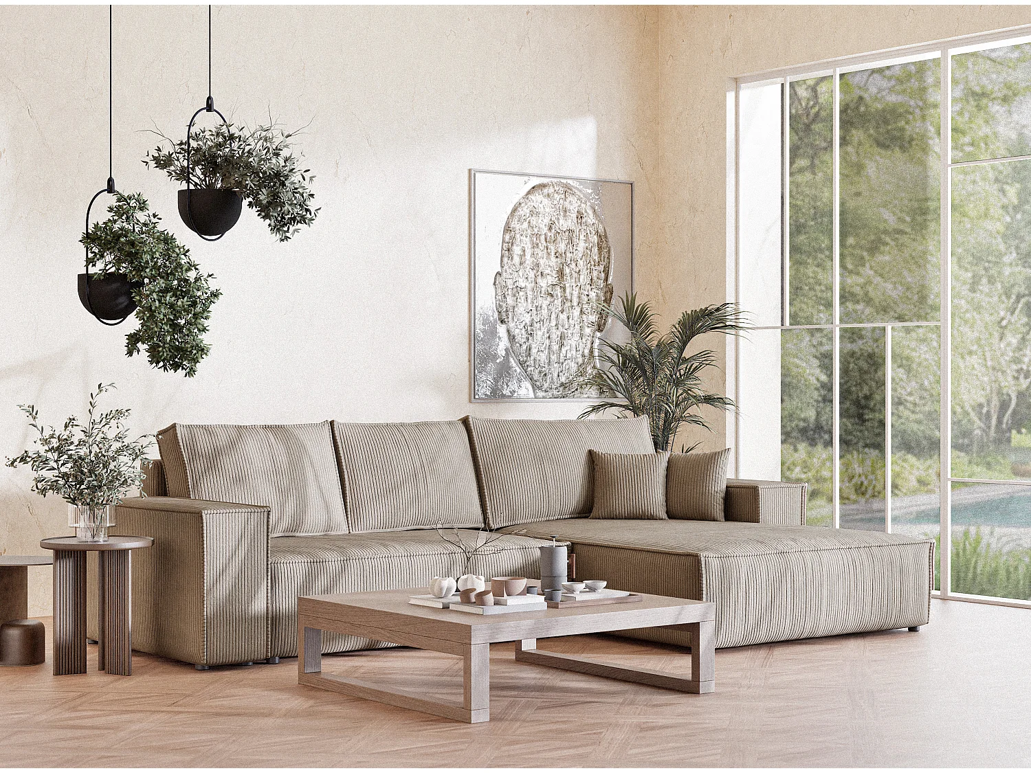 Canapé d'angle convertible Maze im tissu tresse - 5 places - beige