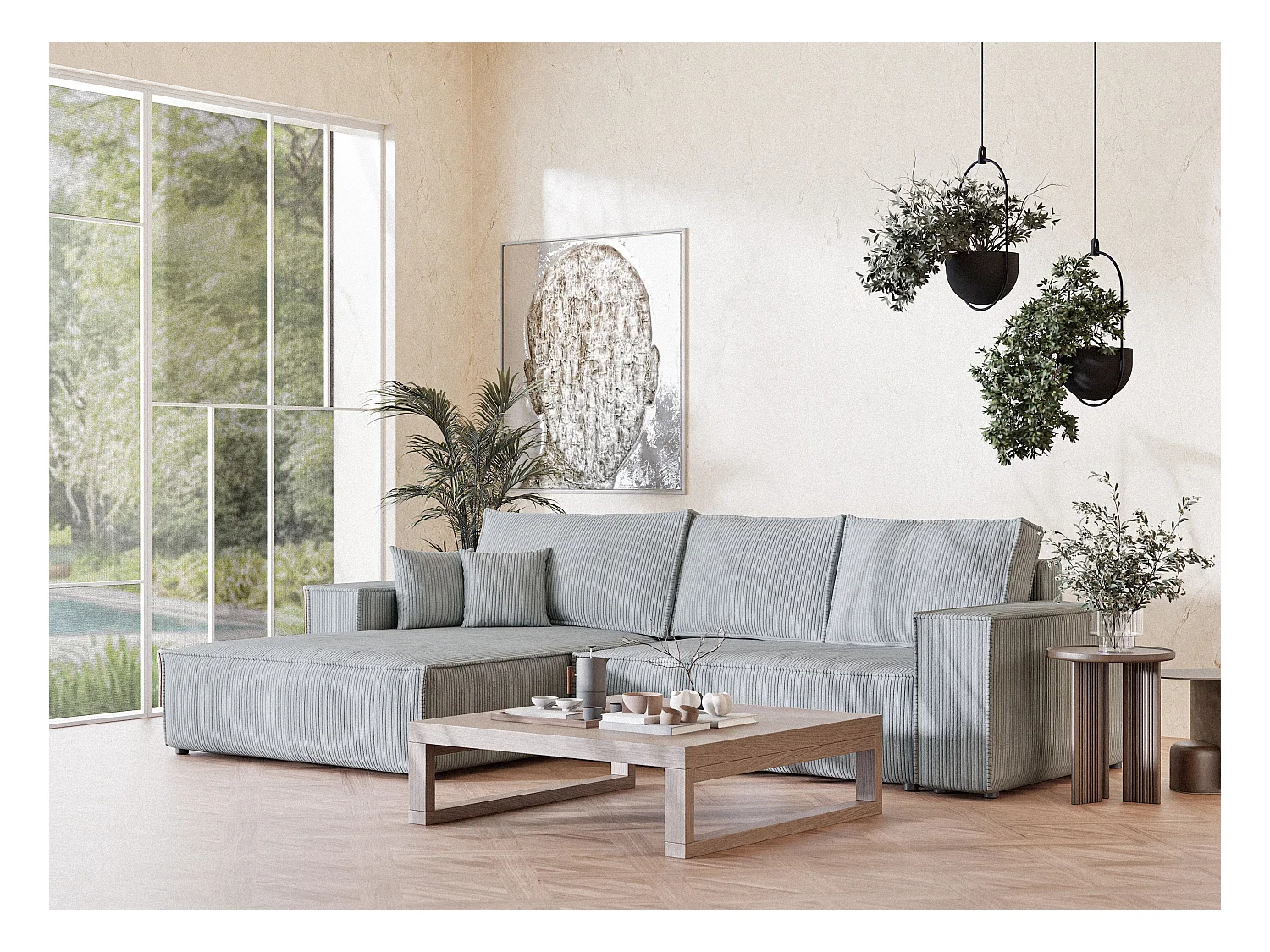 Canapé d'angle convertible Maze im tissu tresse - 5 places - gris clair