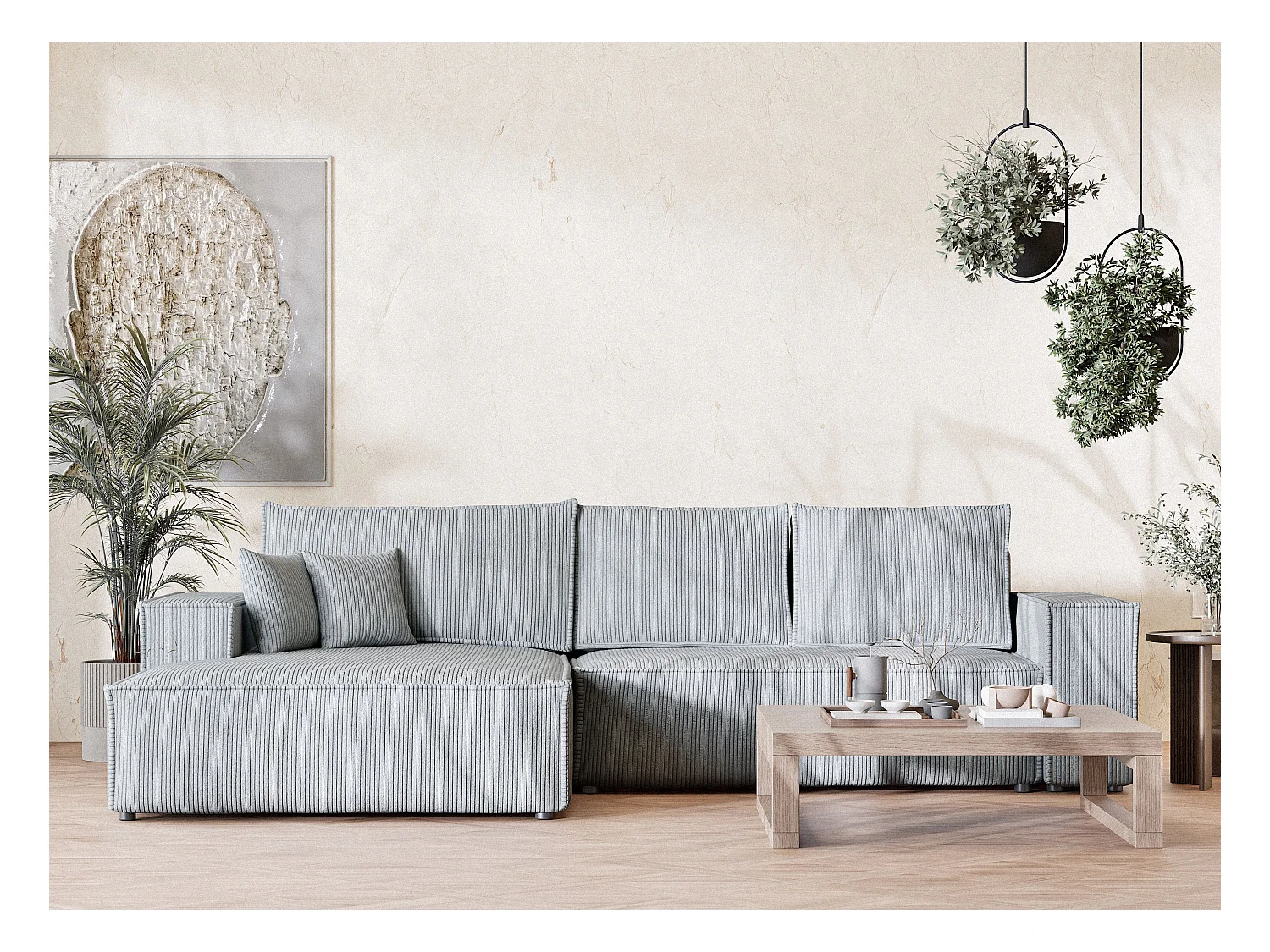 Canapé d'angle convertible Maze im tissu tresse - 5 places - gris clair