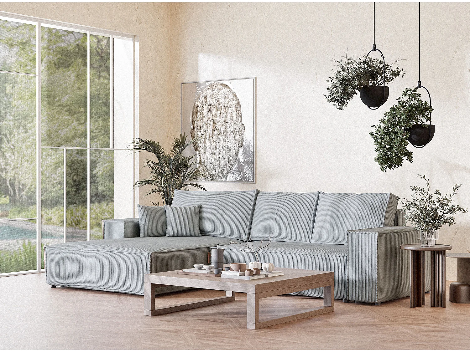 Canapé d'angle convertible Maze im tissu tresse - 5 places - gris clair