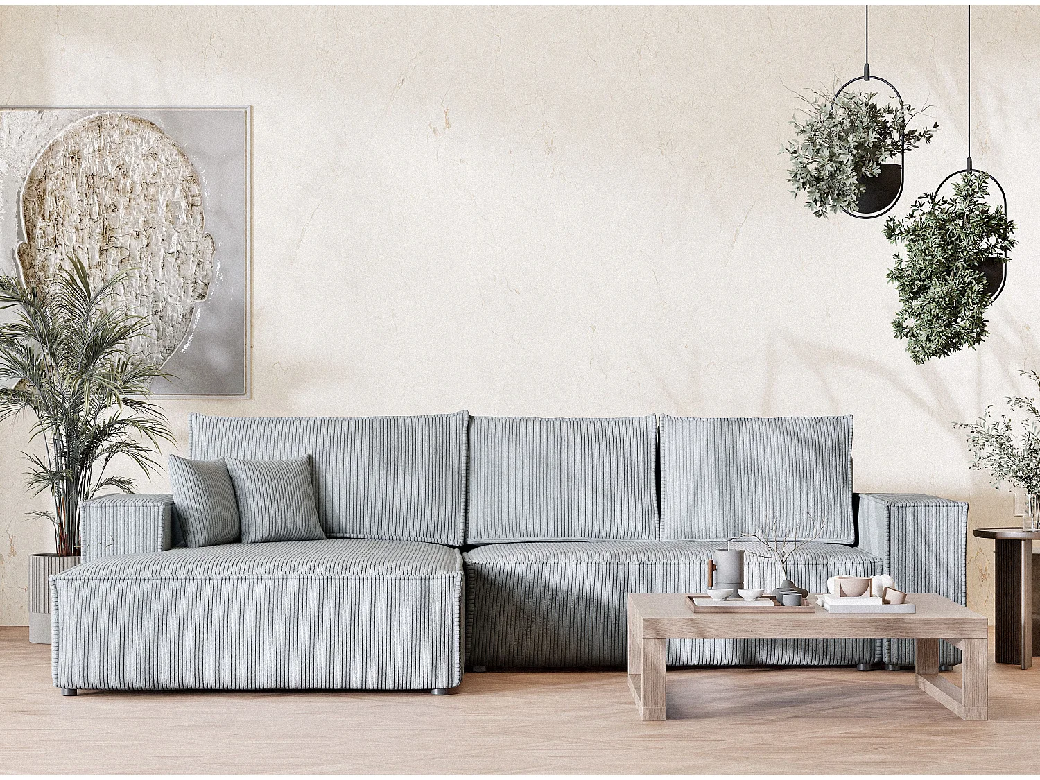 Canapé d'angle convertible Maze im tissu tresse - 5 places - gris clair