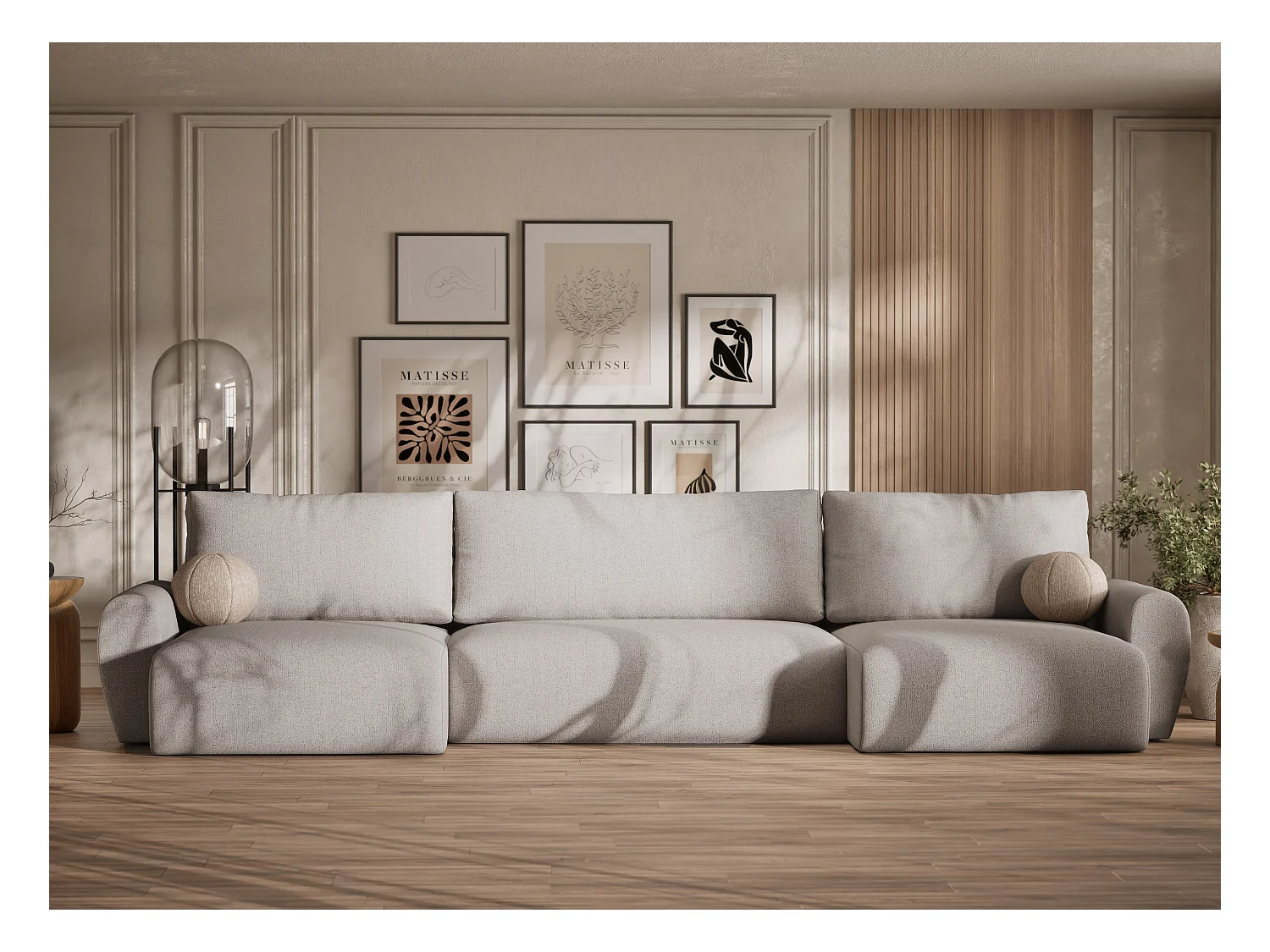 Canapé panoramique convertible Numba im tissu tresse - 6 places - beige clair