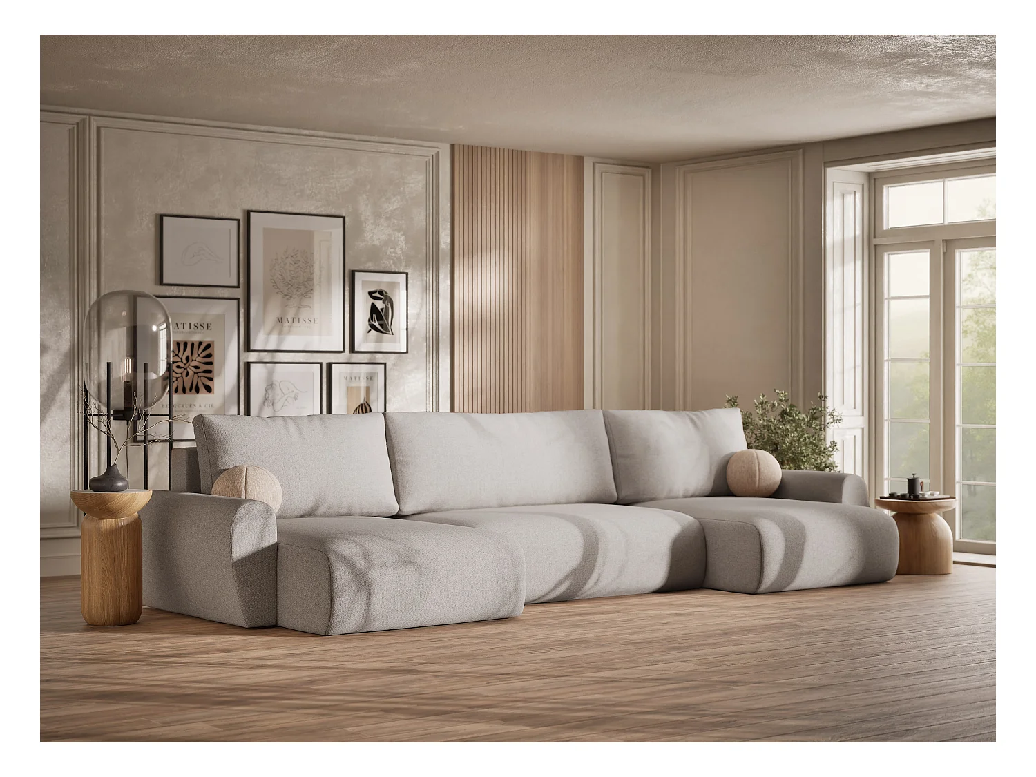 Sofa panoramiczna z funkcją spania Numba w tkaninie plecionej - sześcioosobowa - jasnobeżowy